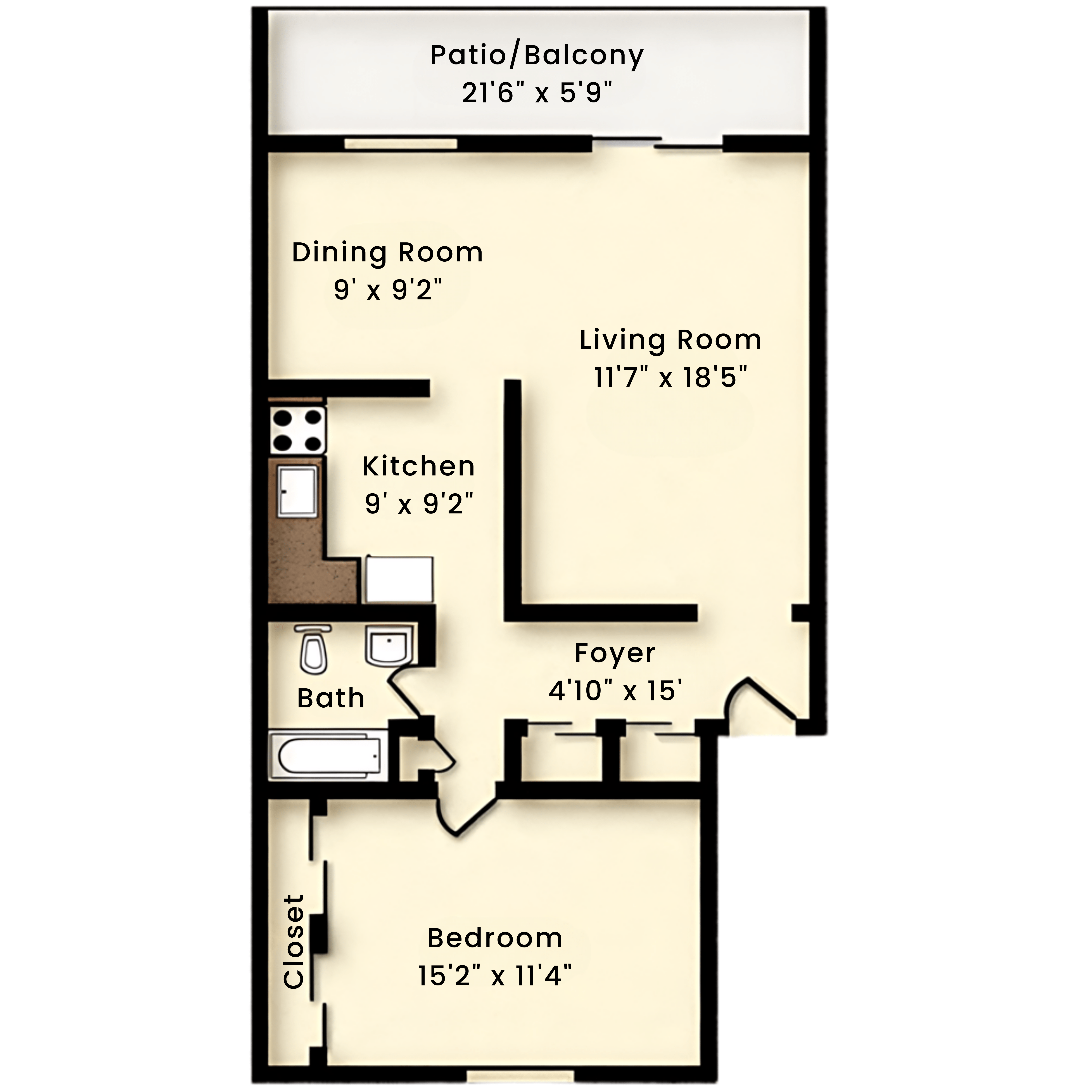 Floor plan for 1 bed, 1 bath, 800 sqft